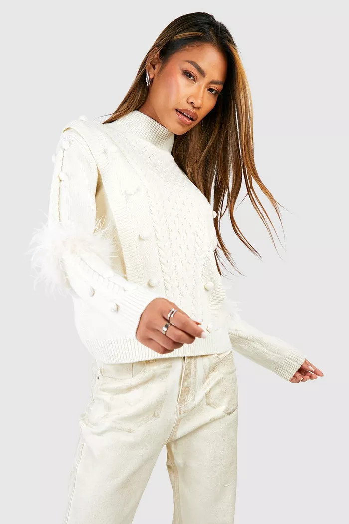 Faux Fur Sleeve Cable Knit Sweater | boohoo (US & Canada)