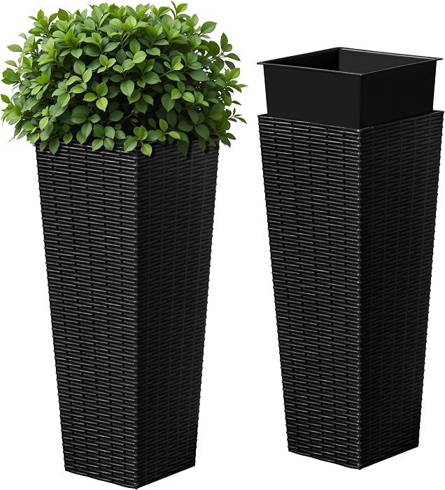 Devoko Resin Tall Planters for Outdoor Plants Set of 2, Large Taper Outdoor Planter Pots with 4 D... | Amazon (US)