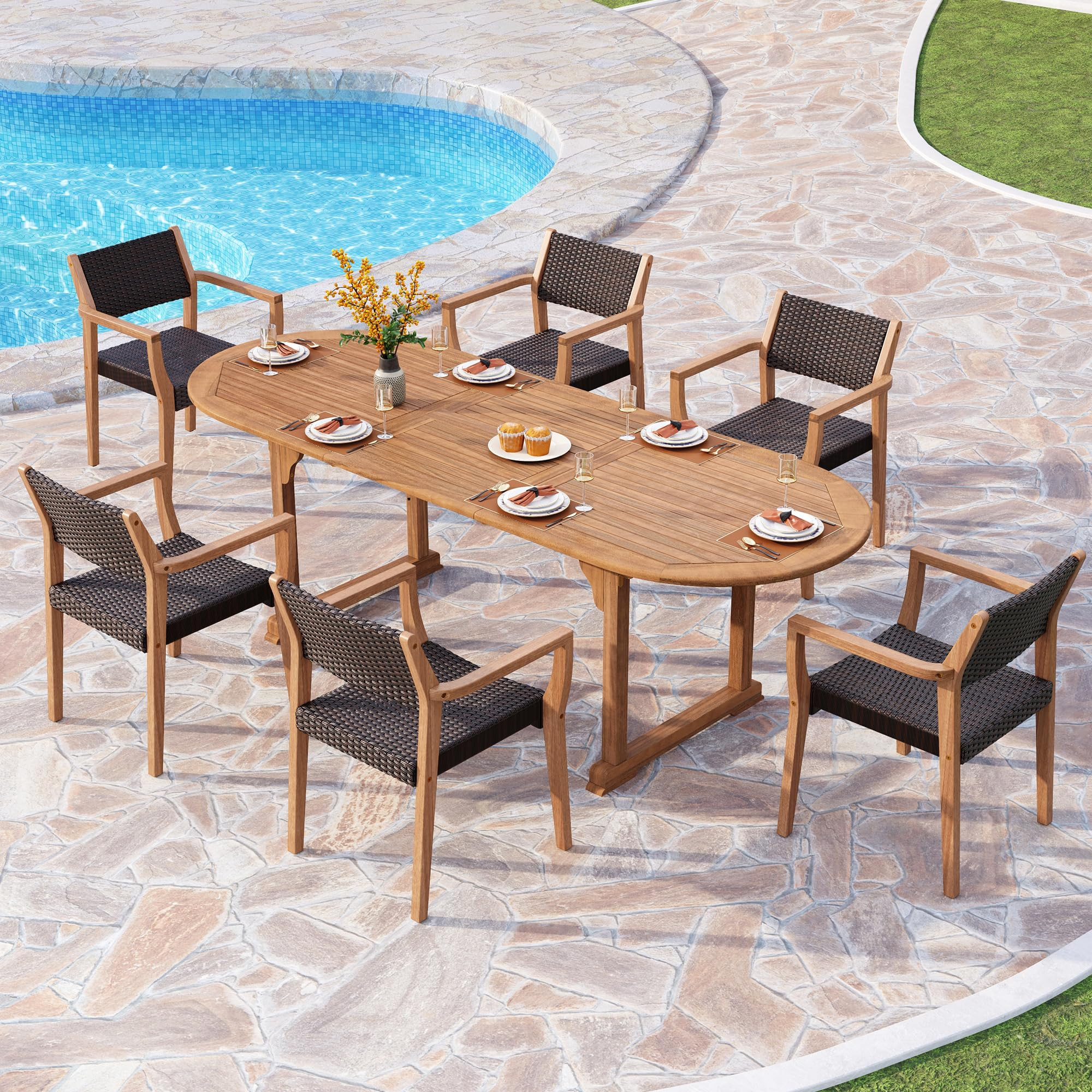 PHI VILLA 7 Pieces Acacia Wood Outdoor Dining Set for 6, Expandable Teak Wooden Table & Chairs, L... | Amazon (US)