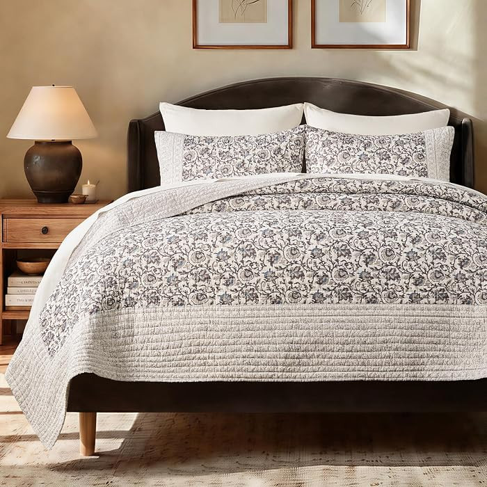 100% Cotton Floral Quilt Set, Queen Size, Taupe Warm Gray 96"\u00d792" | Amazon (US)