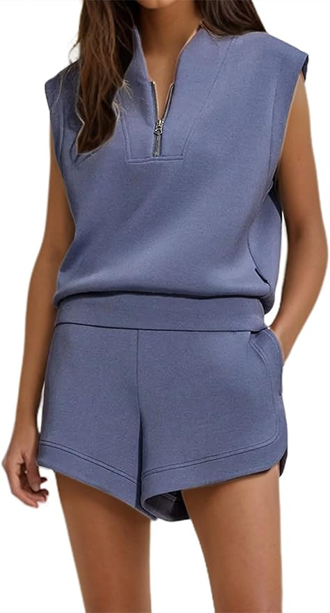 Women Two Piece Outfits Half Zip Sweatshirt Shorts Set Cap Sleeve Sweatshirt High Drawstring Wais... | Amazon (US)