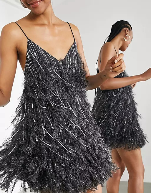 ASOS EDITION feather & sequin mini dress with low back in charcoal | ASOS | ASOS (Global)