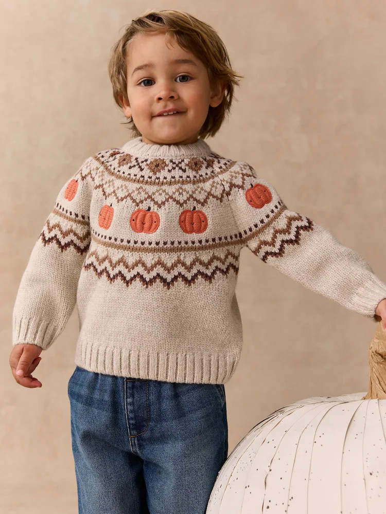 Neutral Pumpkin Fairisle Halloween Knitted Crew Neck Jumper (3mths-7yrs) | Next EU