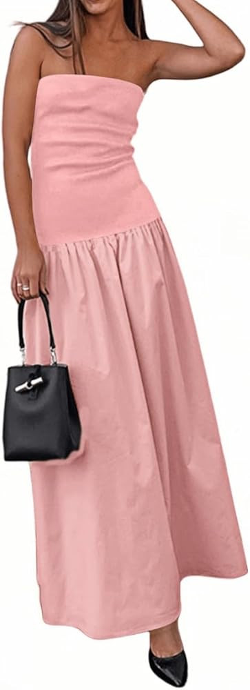 YOXUA Women's Summer Strapless Sleeveless Patchwork A-Line Tube Long Maxi Dress Off Shoulder Beac... | Amazon (US)