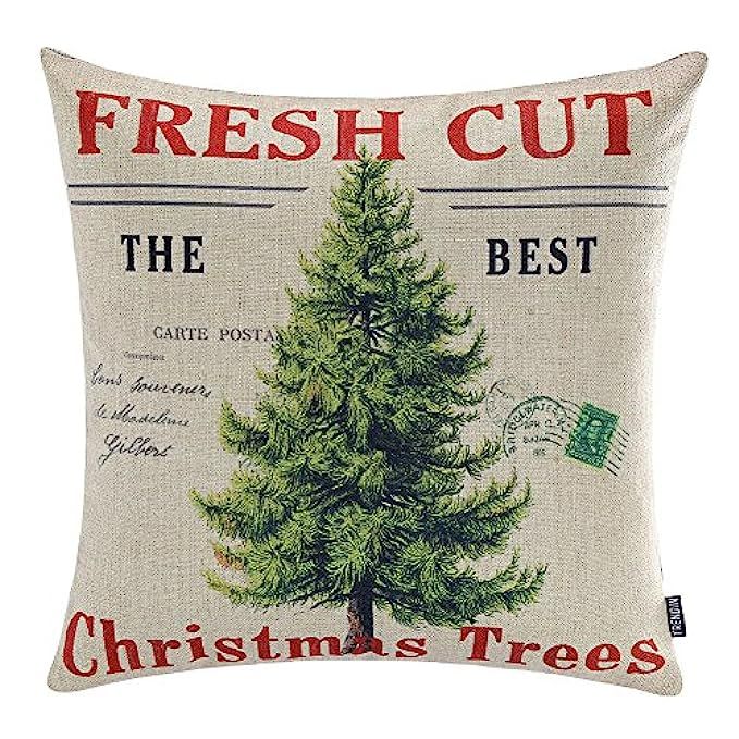 TRENDIN Merry Christmas Throw Pillow Cover Gifts Christmas Tree Xmas Home Decor Design Cotton Linen  | Amazon (US)
