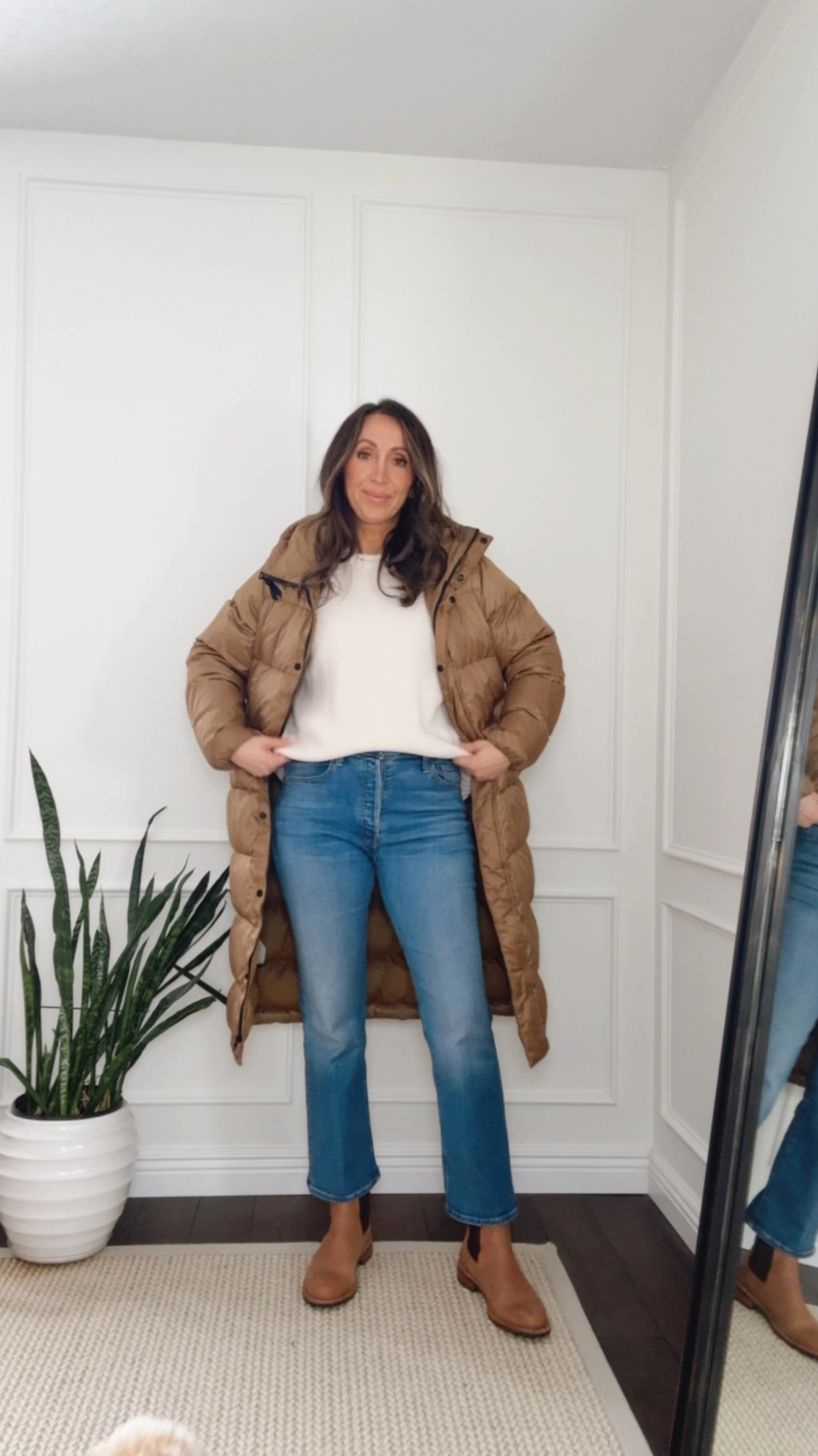 Chic and cozy WFH outfit to a realistic winter outfit.  
Favorite lounge buttons in xs. 
Oversized sweater in small (could have stuck with xs). Linking also a new not oversized option  
Mother jeans (a favorite style) tts for me. 
Sneakers run small and narrow - size up.  
Puffer coat is super old from Everlane. Linking some great alternatives. 

#LTKShoeCrush #LTKStyleTip #LTKSeasonal