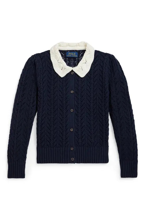 Polo Ralph Lauren Kids' Collared Pointelle Cardigan in Cruise Navy at Nordstrom, Size 4 | Nordstrom
