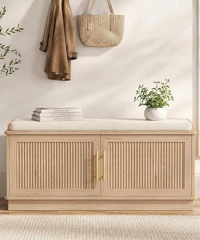 Akxomel 39.4" Fluted Shoe Storage Bench 2 Doors Wooden Entryway Bench Oak | Amazon (US)
