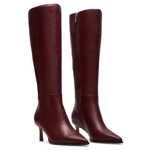 RJYLP Burgundy Kitten Heel Knee High Boots for Women with Side Zipper Stiletto Pointed Toe Heeled Booties Gogo Tall Boots Cherry wine Red | Amazon (US)