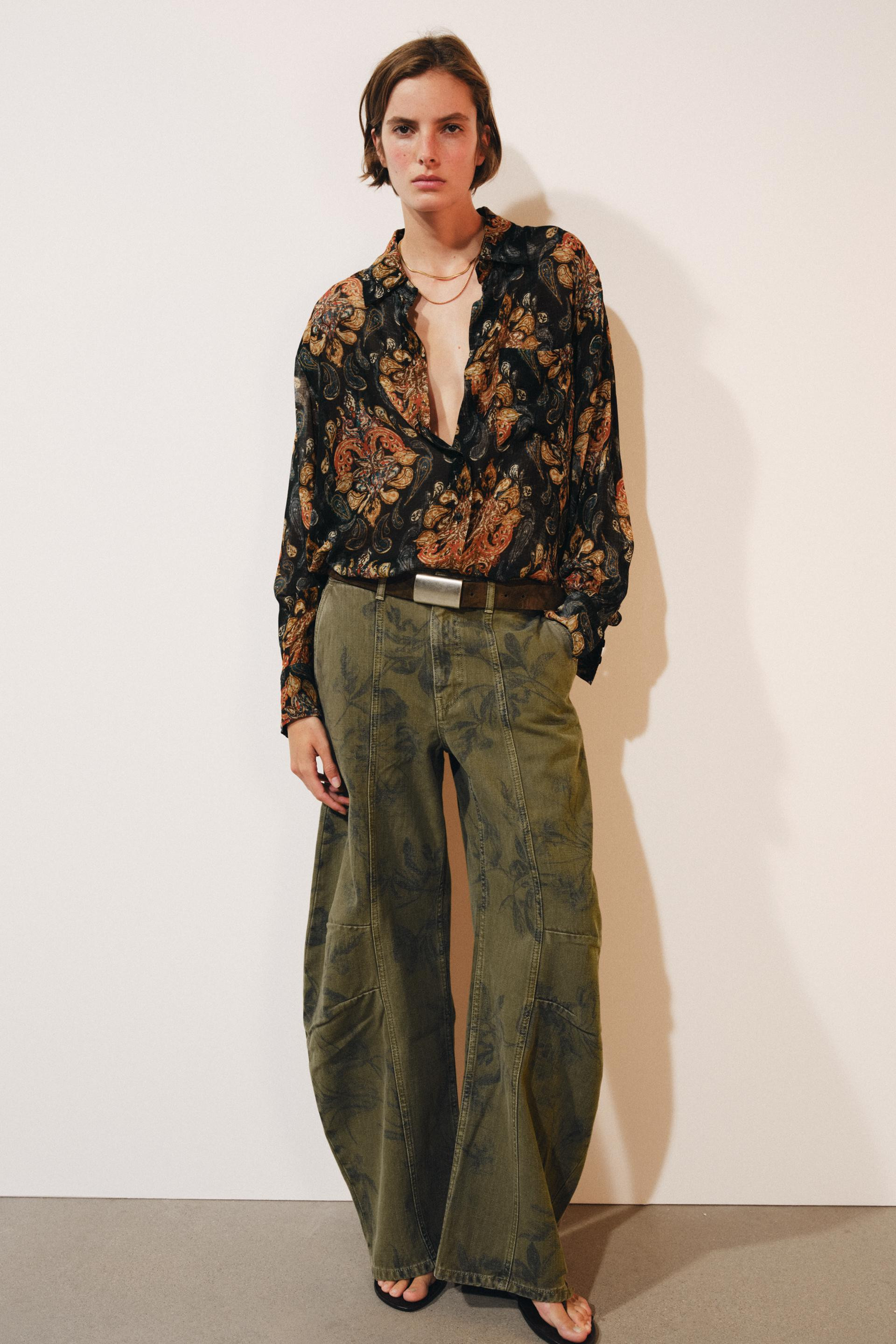 Zara - Zw Collection Low-Rise Barrel Jeans With Floral Print - Light Beige - 16 - Woman | Zara UK