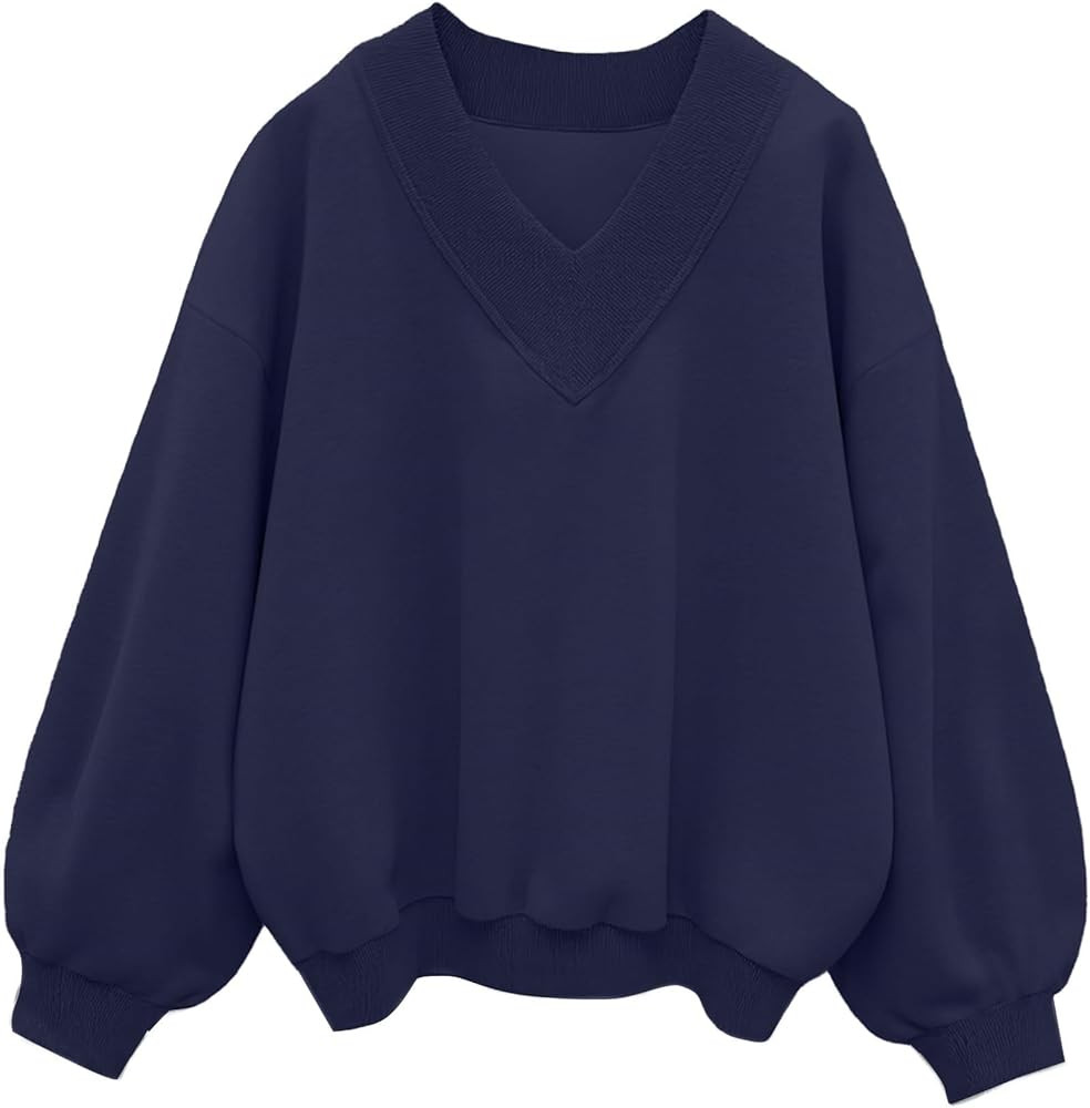Hilinker Womens V Neck Oversized Sweatshirts Casual Drop Shoulder Long Sleeve Pullover Tops | Amazon (US)