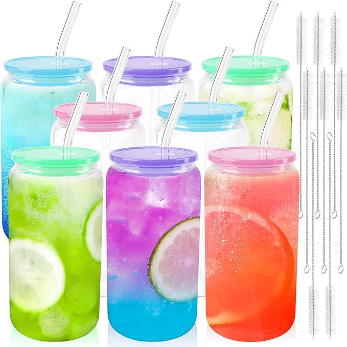 Joyclub 8pcs Glass Cups with Acrylic Lids and Straws 16 oz Can Shaped Glass Iced Coffee Cups with... | Amazon (US)