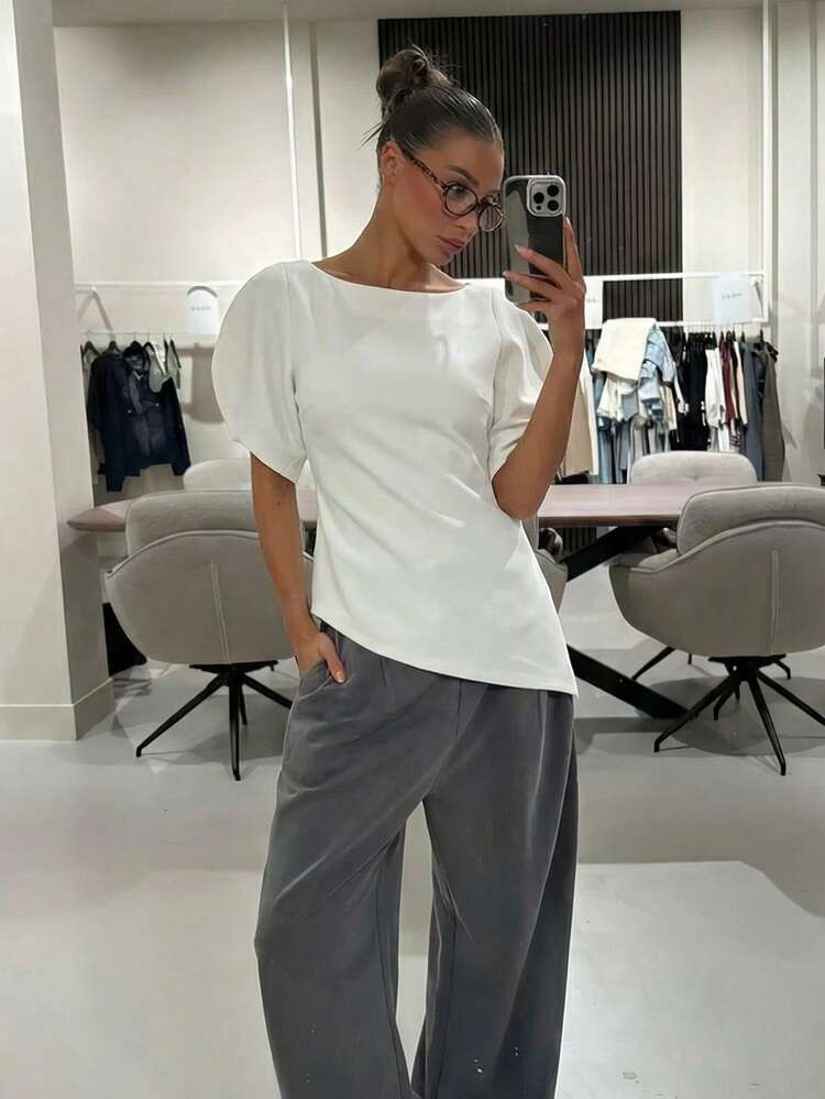 HH Women's Puff Sleeve Cinched Waist Top, New Arrival Women's Round Neck Short Sleeve Solid Color... | SHEIN