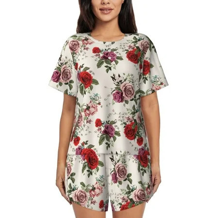 Women's Pajama Sets - Beautiful Red Rose Flowers Summer Pajamas for Women Set Short Sleeve Sleepwear PJ Sets | Walmart (US)