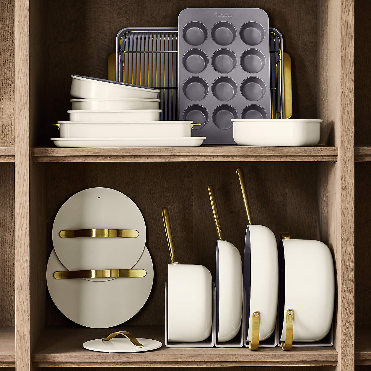 Caraway Cream Ceramic Non-Stick 12-Piece Cookware Set with Gold Hardware + Reviews | Crate & Barr... | Crate & Barrel