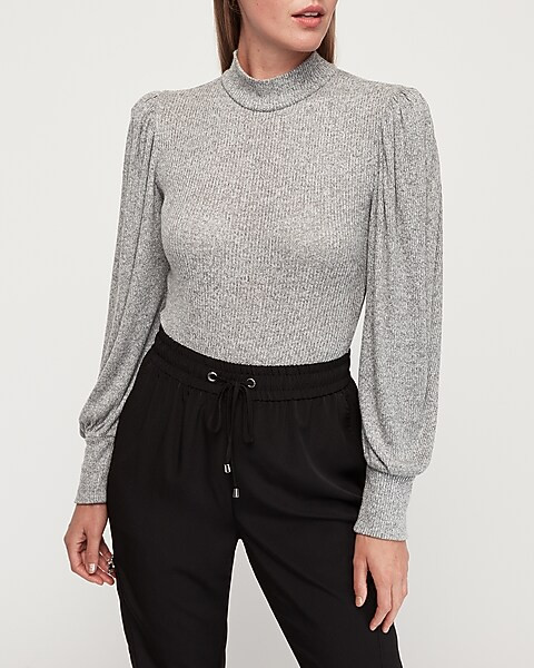 soft ribbed puff shoulder blouson sleeve thong bodysuit | Express