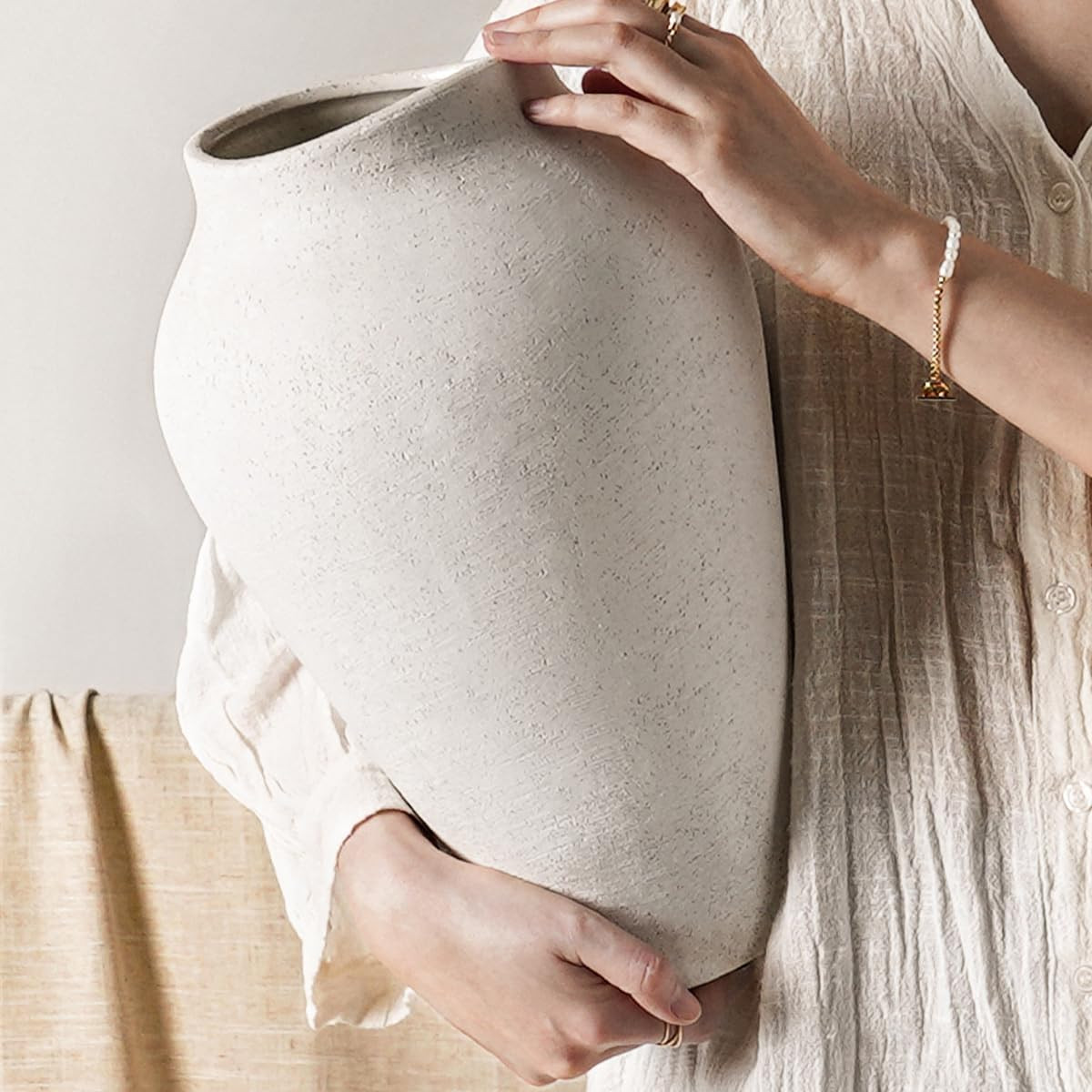 White Ceramic Vase - Large 13.6 Inch Tall Floor Vase for Centerpieces, Farmhouse Flower Vases, Rustic Minimalist Home Decor for Living Room, Enterway, Wedding (Sandstone White) | Amazon (US)