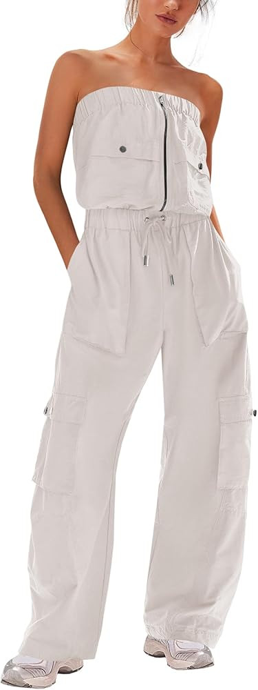 LAMISSCHE Womens Strapless Jumpsuits Cargo Pants Jumpsuits Off The Shoulder Tube Rompers One Piec... | Amazon (US)