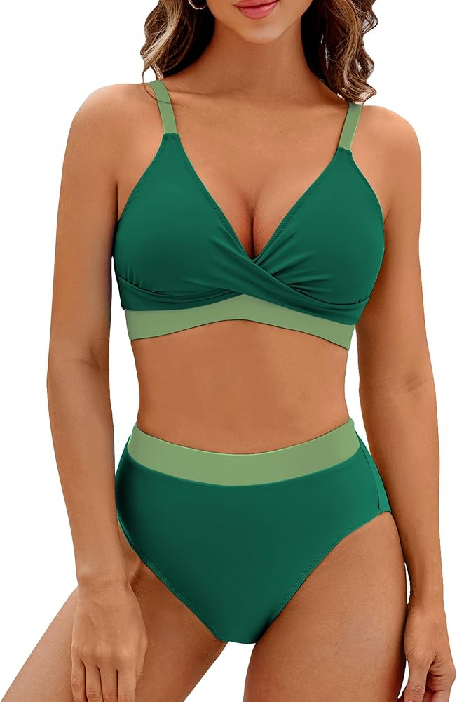 BMJL Women's High Waisted Bikini Sets V Neck Two Piece Swimsuit Color Block Twist Front Bathing S... | Amazon (US)