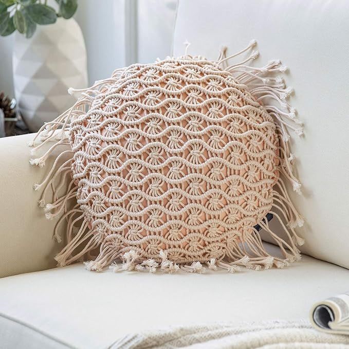 Phantoscope 100% Cotton Handmade Crochet Woven Boho Throw Pillow with Tassel Cute Farmhouse Pillo... | Amazon (US)