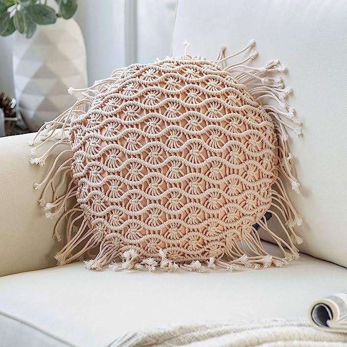 Phantoscope 100% Cotton Handmade Crochet Woven Boho Throw Pillow with Tassel Cute Farmhouse Pillo... | Amazon (US)