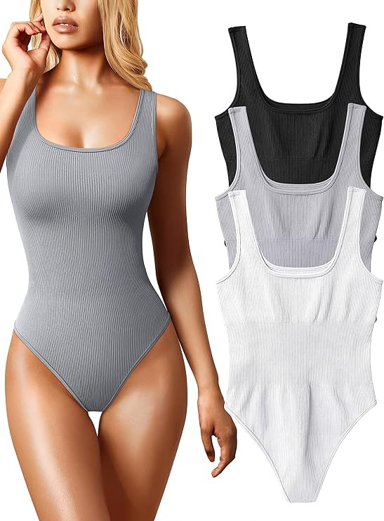 OQQ Women's 3 Piece Bodysuits Sexy Ribbed Sleeveless Square Neck Sleeveless Tank Tops Bodysuits | Amazon (US)
