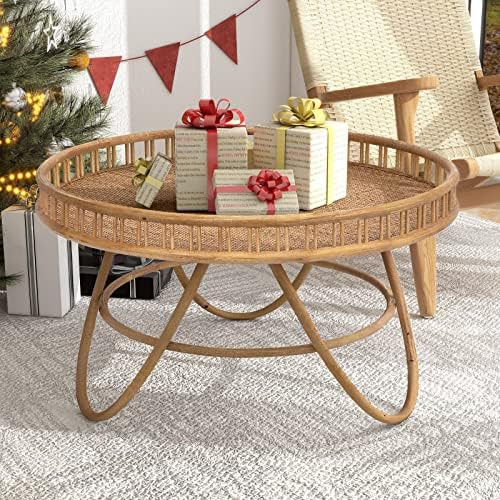 FINECASA Round Rattan Coffee Table, 32x18 '' Wicker Coffee Table, Boho Hand-Woven Rattan Top, Uni... | Amazon (US)
