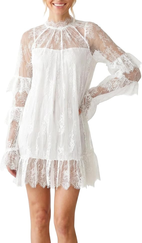 Womens Sheer Lace Mini Dress See Through Long Sleeve Ruffle Dress | Amazon (US)