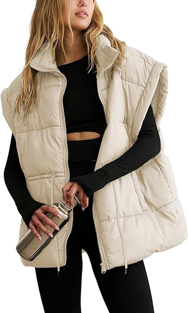 Hooever Women's Puff Vest Winter Drawstring Stand Collar Full Zip Sleeveless Padded Gilet | Amazon (US)