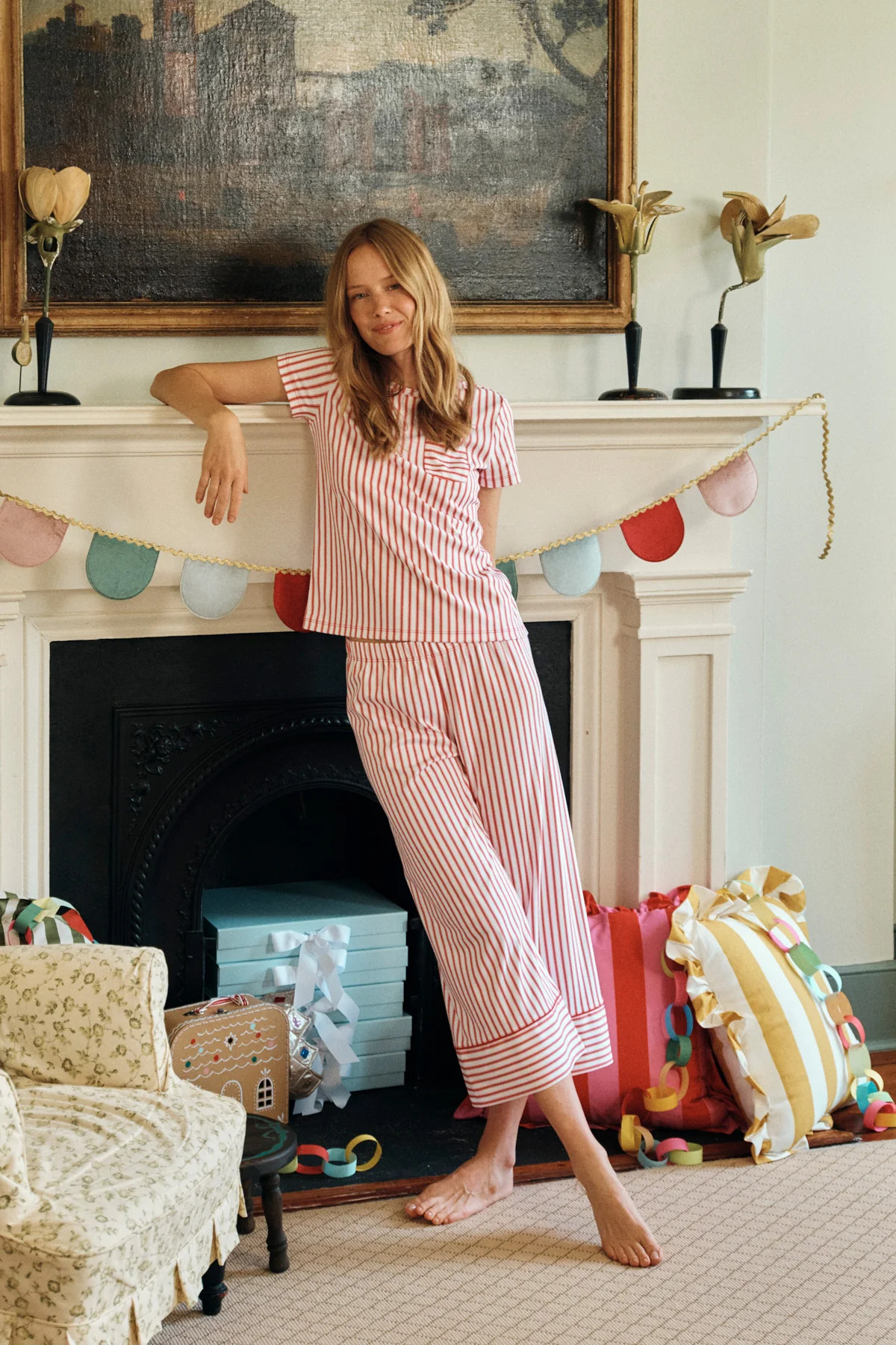 Pima Crew Wide Leg Pajama Set in Classic Red Ticking Stripe | Lake Pajamas