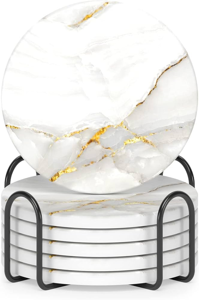 Nipichsha Coasters for Drinks, Set of 6 Marble Style Absorbent Ceramic Coasters with Holder and C... | Amazon (US)