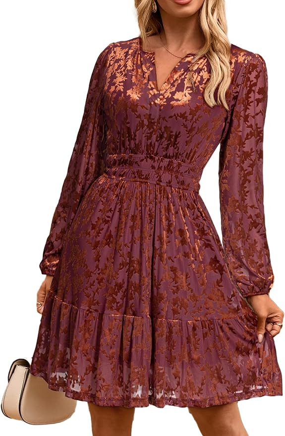 Simplee Womens Velvet Dress 2025 Fall Cocktail Long Sleeve Empire V Neck Wedding Guest Holiday Mi... | Amazon (US)