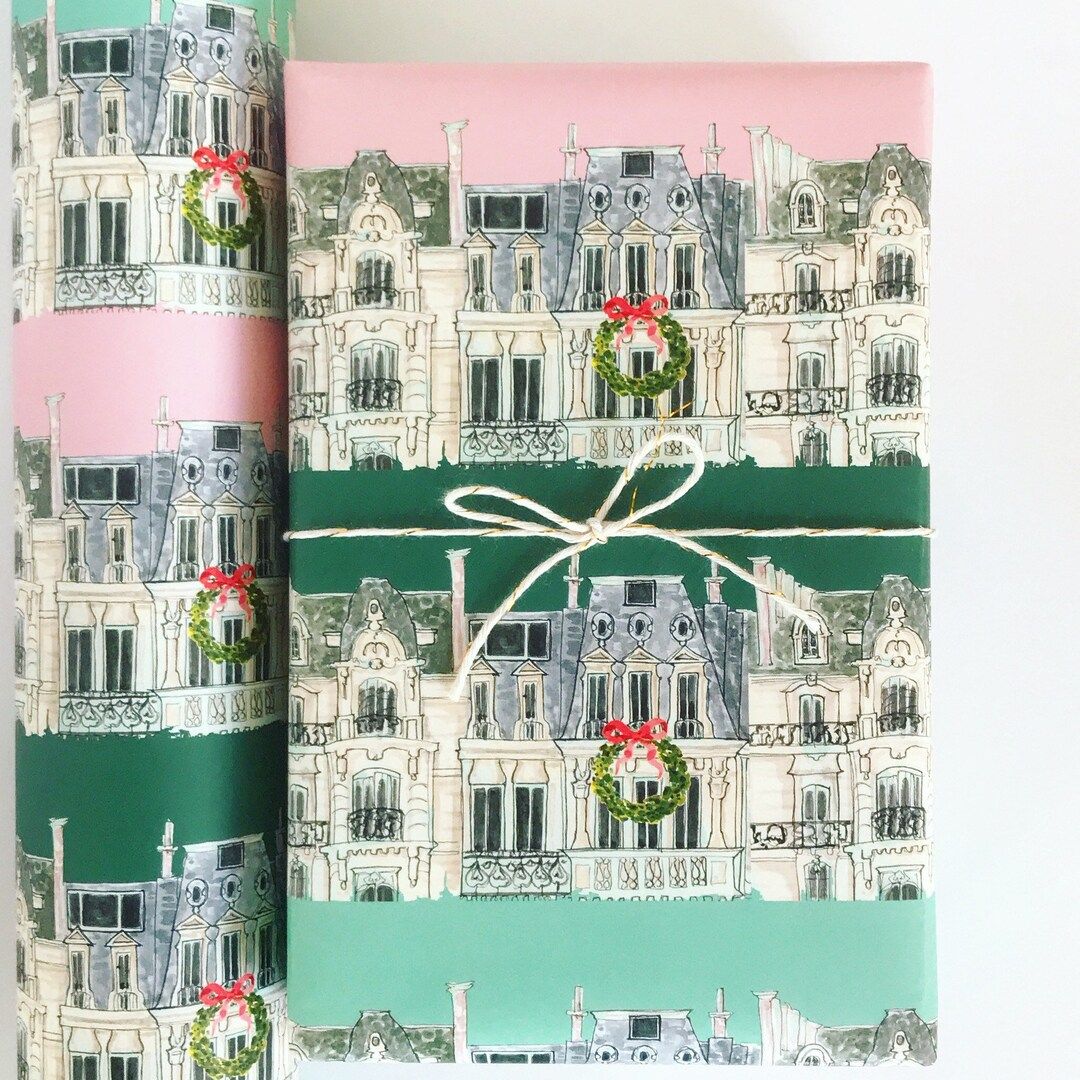 Wrapping Paper: Holiday Paris Apartments Blush and Green gift - Etsy | Etsy (US)