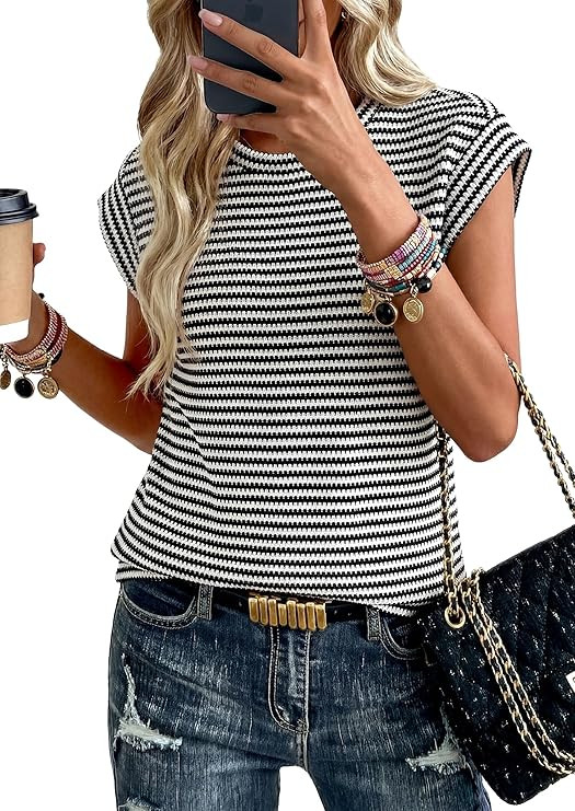 PRETTYGARDEN Women's 2026 Spring Vest Tops Cap Sleeve Striped Shirt Knit Tank Top Summer Beach Va... | Amazon (US)