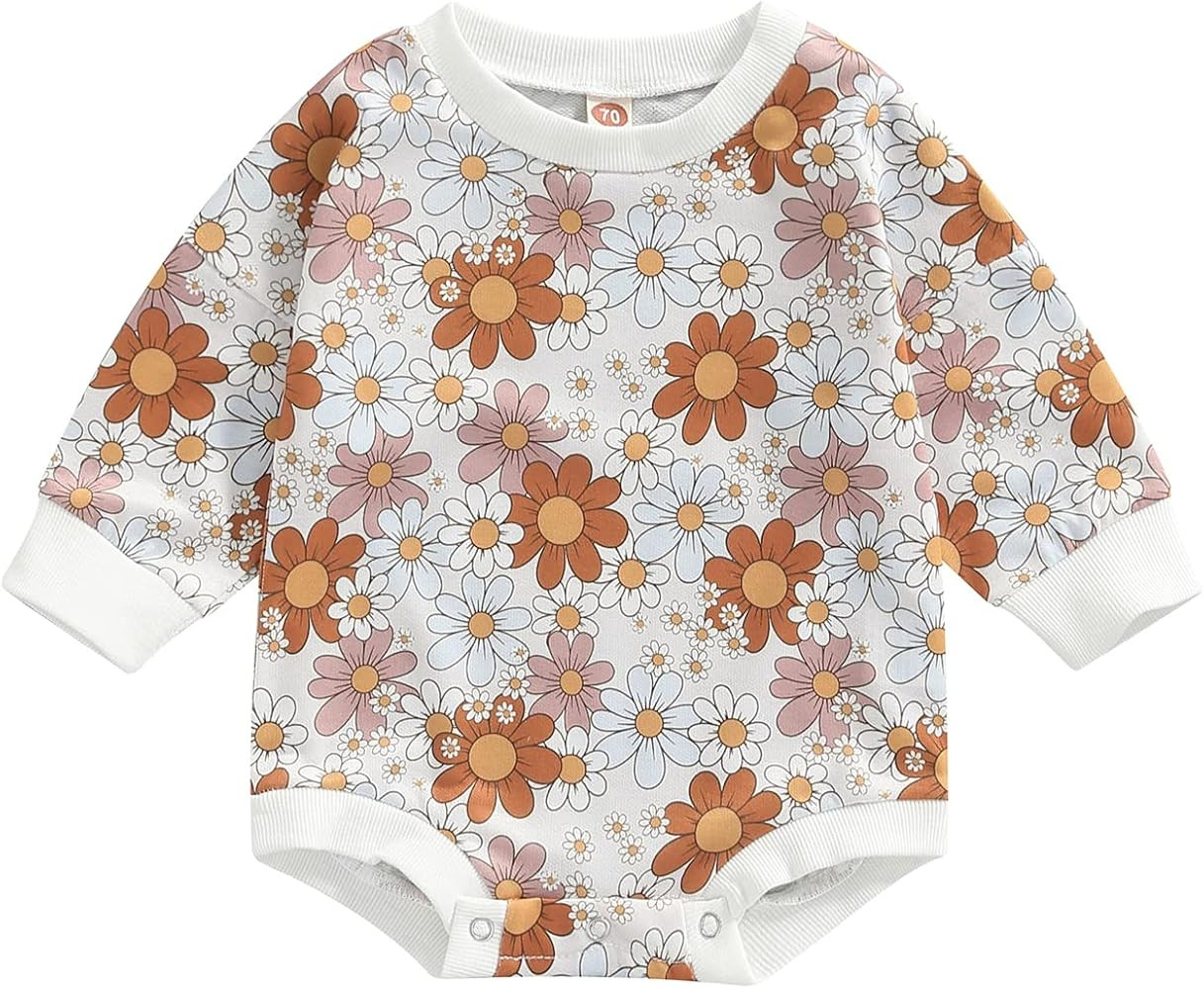 Newborn Baby Girl Boy Sweatshirt Romper Crewneck Oversized Long Sleeve Floral One Piece Outfits Fall | Amazon (US)