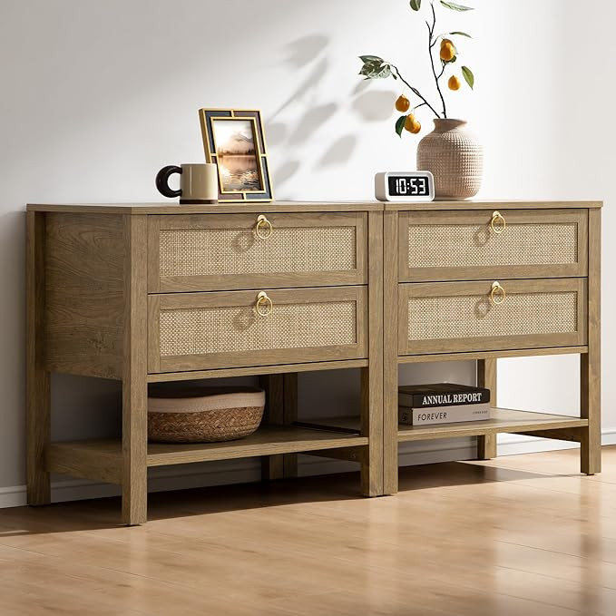 SICOTAS Night Stand Set of 2, Rattan Nightstand with Drawers and Storage Shelf - Boho Bedside Tab... | Amazon (US)
