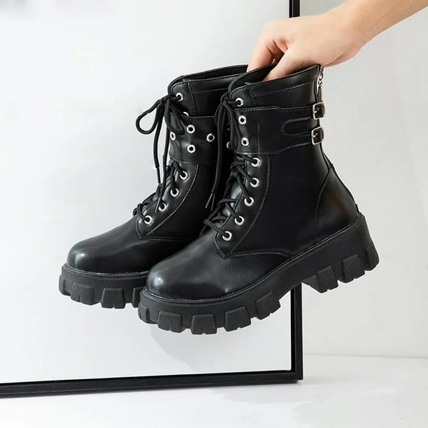 symoid Womens Boots- Shoes Hasp Mid Heel Flat Bottom Zipper Laceing Fashion Buckle Leather Short ... | Walmart (US)