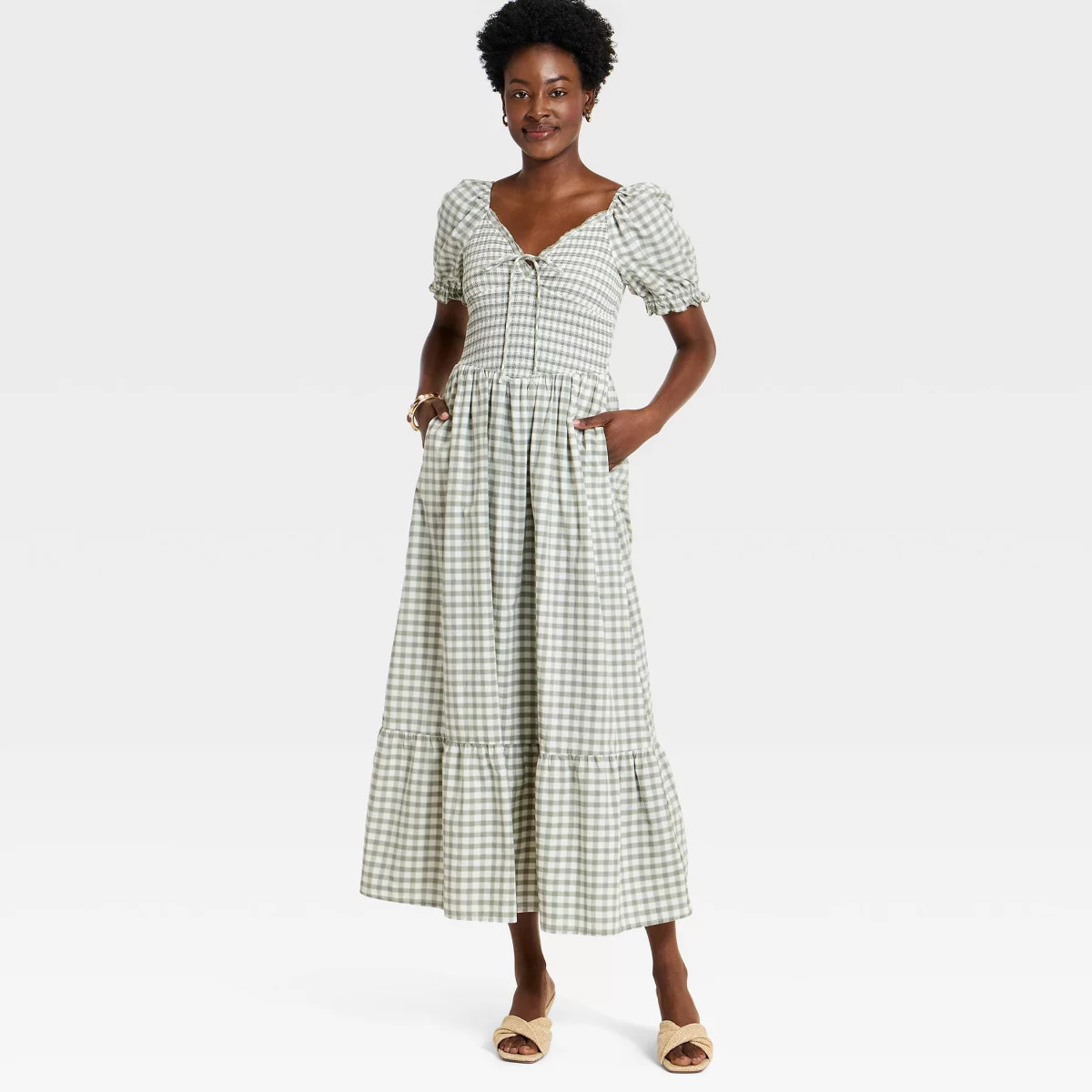 Women's Western Puff Short Sleeve Smocked Midi A-Line Dress - Universal Thread™ Green Gingham L | Target