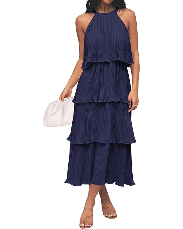 ZESICA Women's 2024 Summer Sleeveless Halter Neck Ruffle Tiered Layed Chiffon Flowy Swing Long Mi... | Amazon (US)