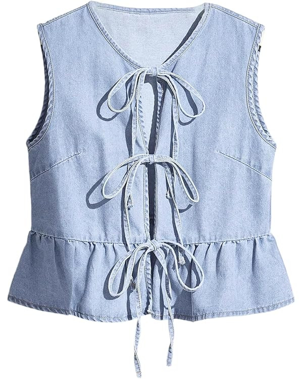 Women's Tie Front Denim Vest Sleeveless Peplum Top Ruffle Hem Jean Waistcoat | Amazon (US)