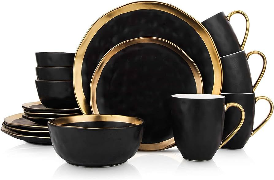 Stone Lain Porcelain 16 Piece Dinnerware Set, Service for 4, Black and Golden Rim | Amazon (US)