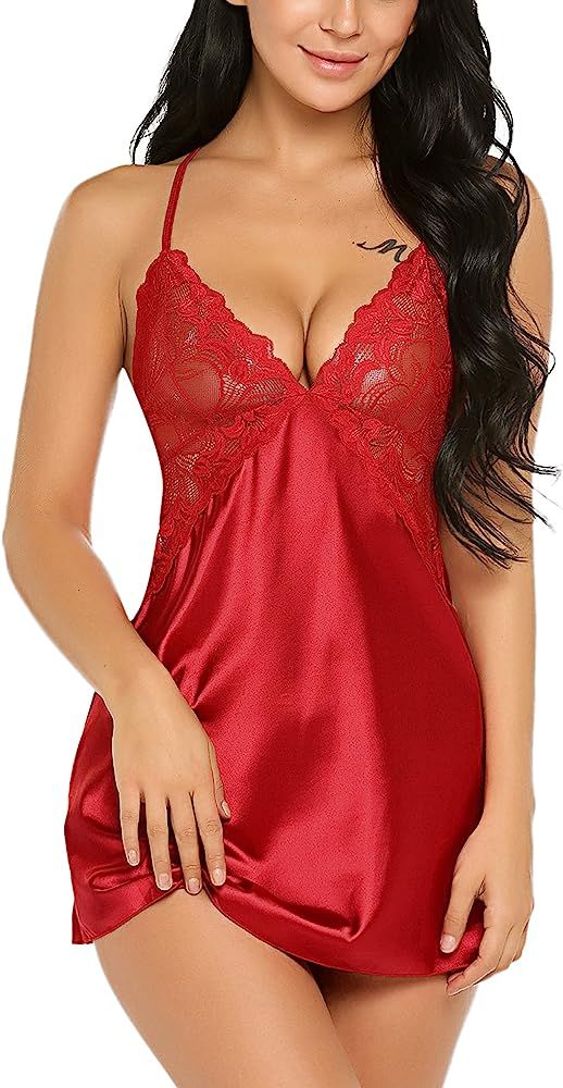 Women Lingerie V Neck Nightwear Satin Sleepwear Lace Chemise Mini Teddy | Amazon (US)