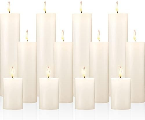 Nuogo 12 pcs Ivory Pillar Candles Dripless Unscented Candles Paraffin Wax Tall Tapers for Wedding... | Amazon (US)