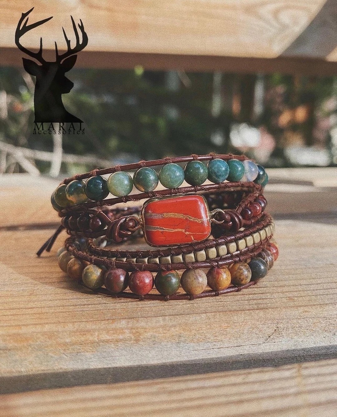 Natural Picasso Jasper and Moss Agate leather wrap bracelet- Boho Wrap Bracelet- Handmade Gift -V... | Etsy (US)