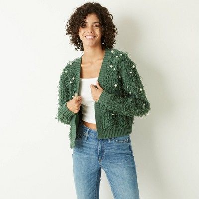 Women's Holiday Loop and Pearl Cardigan Sweater  - Green | Target