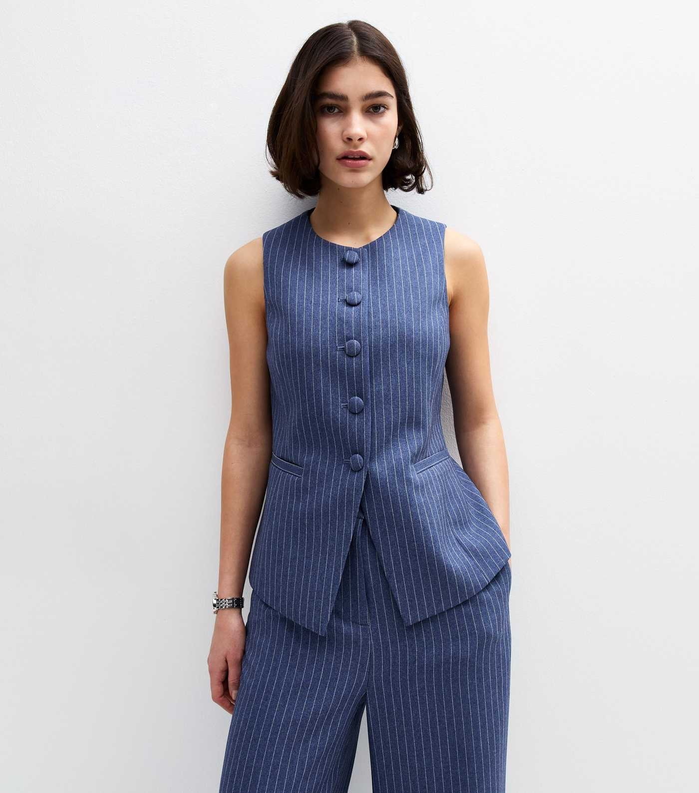 Blue Pinstripe Longline Waistcoat | New Look | New Look (UK)