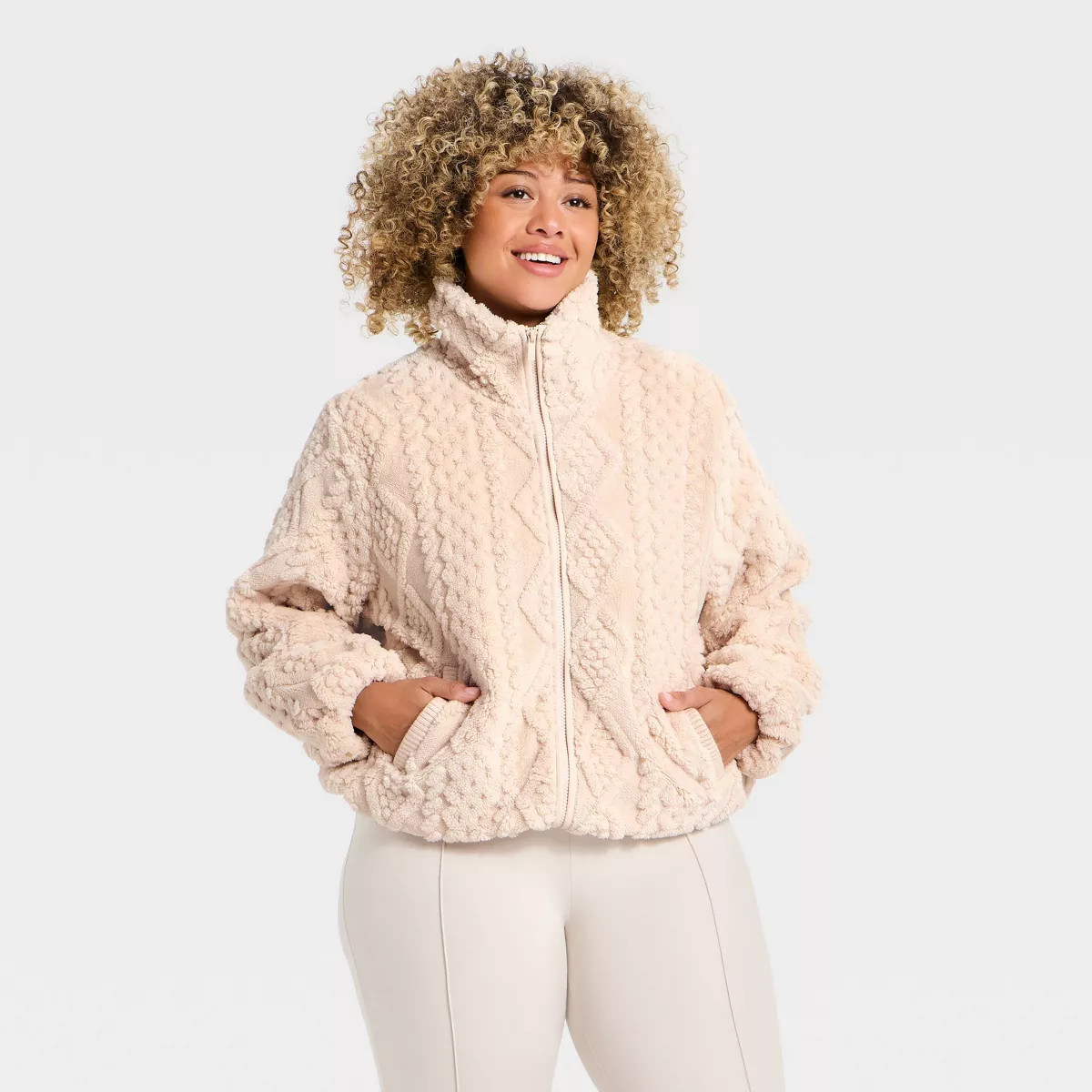 Women's Cable Knit Texture High Pile Fleece Jacket - All In Motion™ | Target