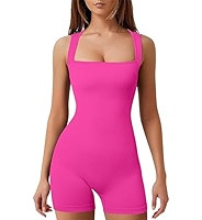 YIOIOIO Women's Workout Seamless Romper Yoga Ribbed Bodycon One Piece Square Neck Shorts Jumpsuit | Amazon (US)