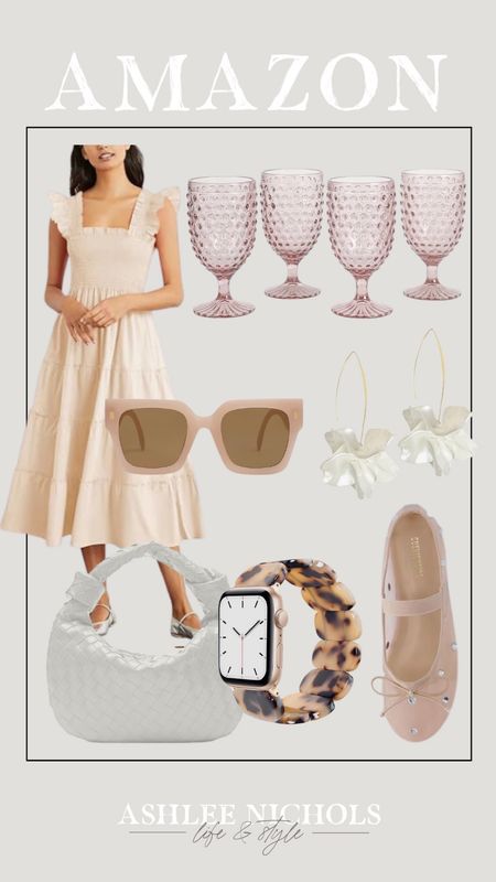 Amazon
Midi Dress
Spring look
Mesh ballet flats
Acrylic Apple Watch band
Sunglasses
Wine glasses
