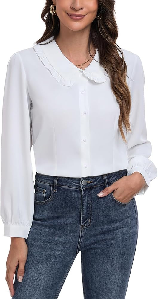 MINTLIMIT Women's Peter Pan Collar Shirt Long Sleeve Vintage Blouses Casual Work Button Down Shir... | Amazon (US)